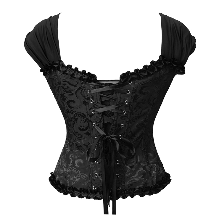 vintage corset, black bustier, ruffled sleeves, square neck corset, adjustable lace-up, retro shapewear, lace bustier, vintage lingerie, waist training corset, romantic corset top, black lace bodysuit, Victorian style corset, sheer corset, evening wear corset, gothic lingerie #N237863