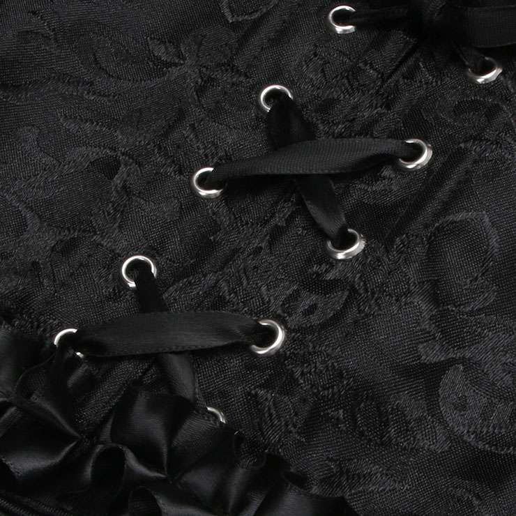 vintage corset, black bustier, ruffled sleeves, square neck corset, adjustable lace-up, retro shapewear, lace bustier, vintage lingerie, waist training corset, romantic corset top, black lace bodysuit, Victorian style corset, sheer corset, evening wear corset, gothic lingerie #N237863