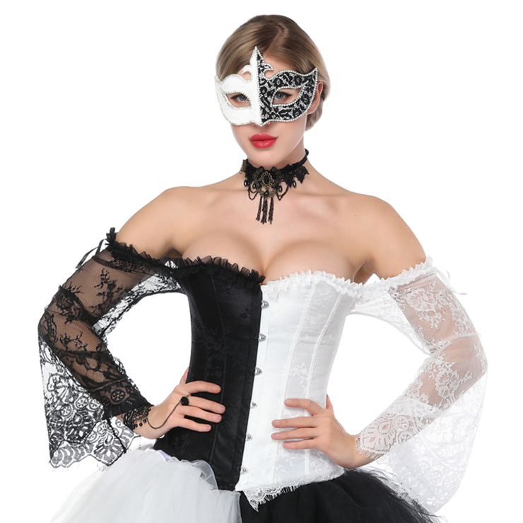 Women's Fashion Black/White Plastic Boned Overbust Corset with Long Floral Lace Sleeve N16211