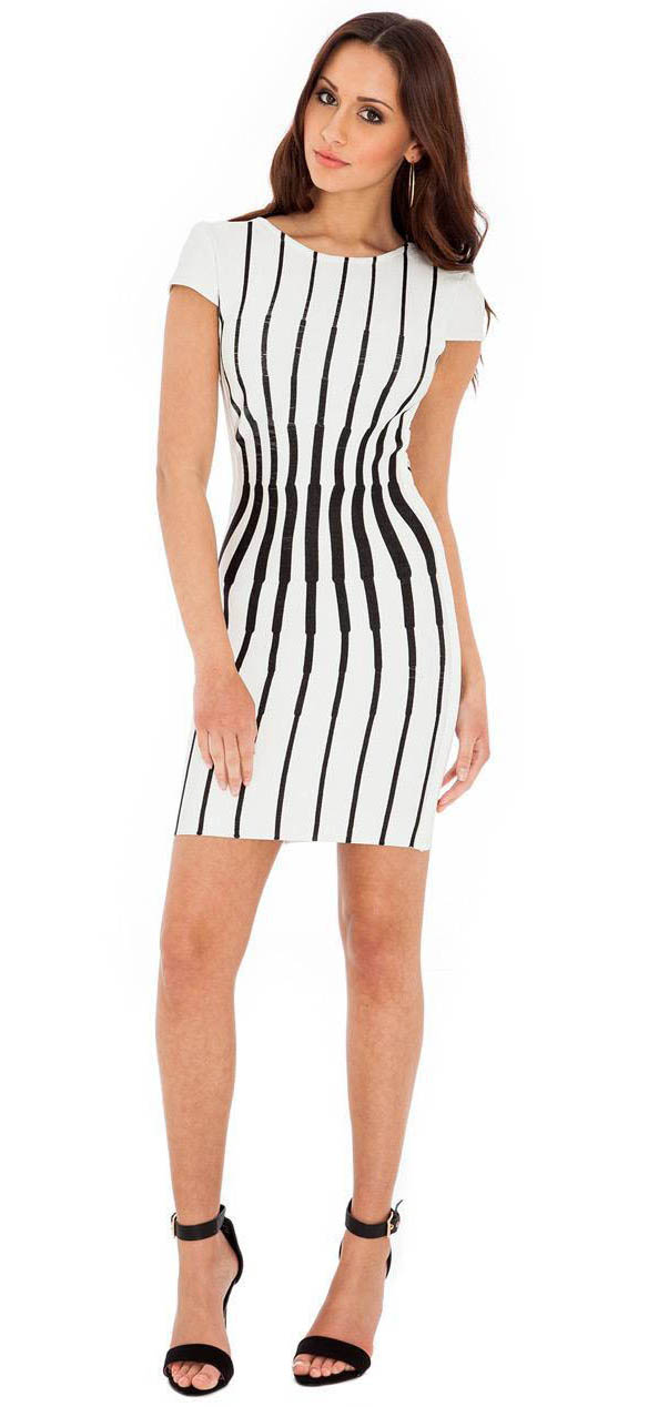Fashion Black and White Vertical Stripes Print Short Sleeves Mini Dress ...