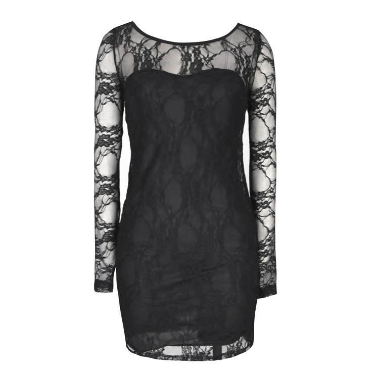 Charming Black Sheer Lace Overlay Long Sleeve Bodycon Mini Dress N6922