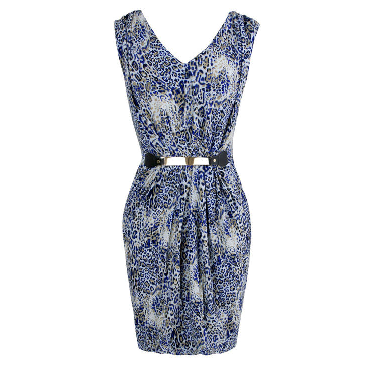 Animal Leopard Printed Dress, V-neck Sleeveless Print Dress, Fashion Dress with Metallic Belt, Sexy Bodycon Dress, V Neck Midi Dress, Slim Fitting Dress, #N7630