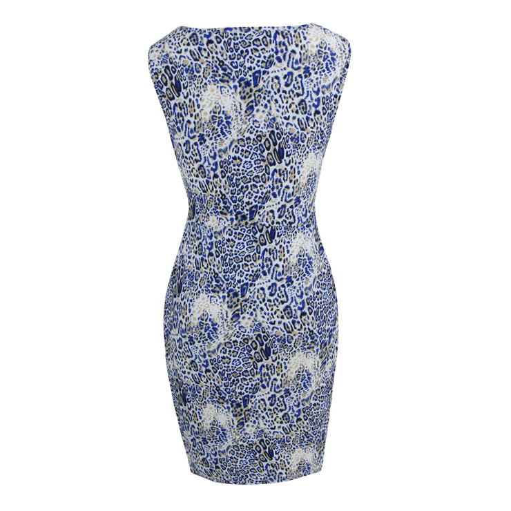 Animal Leopard Printed Dress, V-neck Sleeveless Print Dress, Fashion Dress with Metallic Belt, Sexy Bodycon Dress, V Neck Midi Dress, Slim Fitting Dress, #N7630