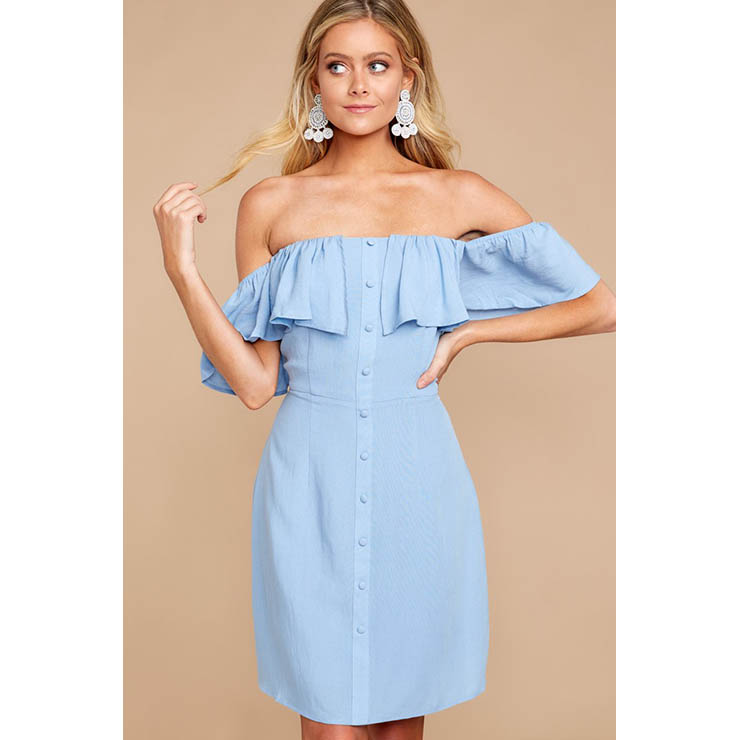 Fashion Blue Off Shoulder Falbala Button High Waist Mini Dress N17941