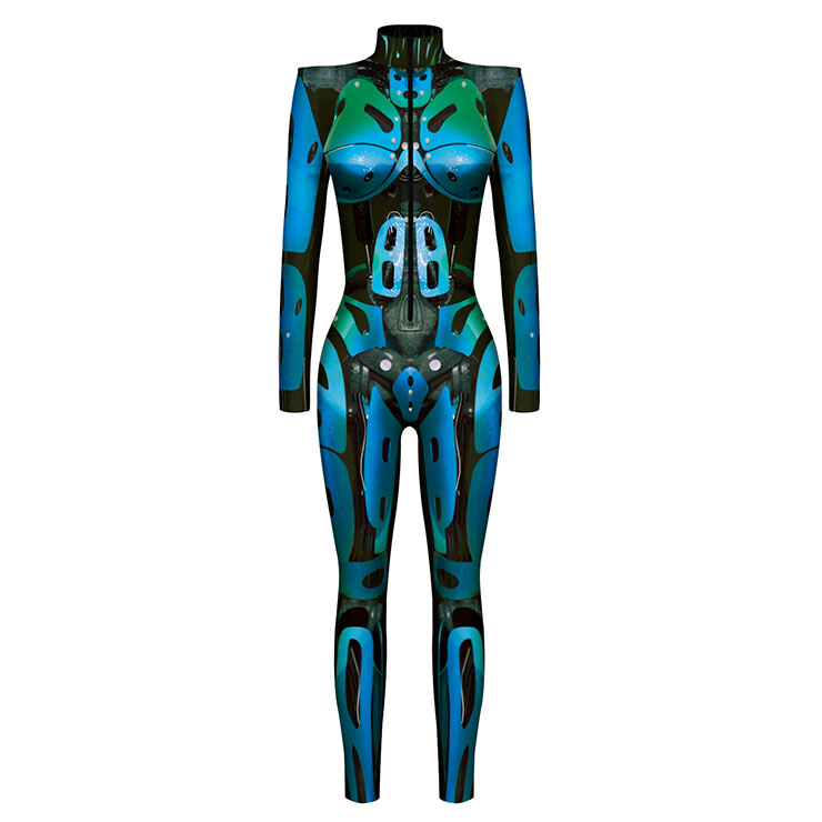 Blue Robot 3D Printed High Neck Long Bodycon Jumpsuit Halloween Costume ...