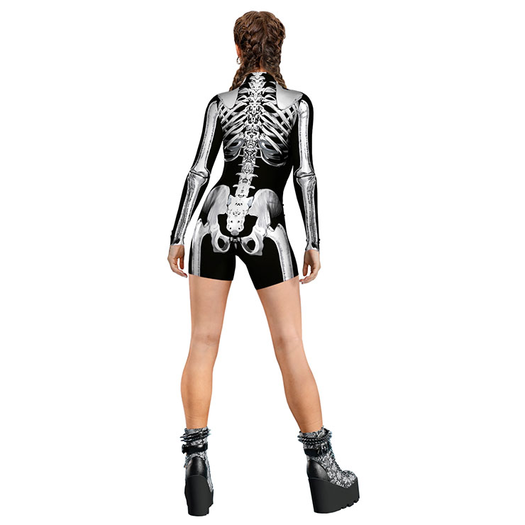 Bone Printed Jumpsuit, Halloween Robot High Neck Slim Fit Bodysuit, Halloween Bodycon Jumpsuit, Long Sleeve Shorts High Neck Jumpsuit, Halloween Bone Jumpsuit for Women. #N22345