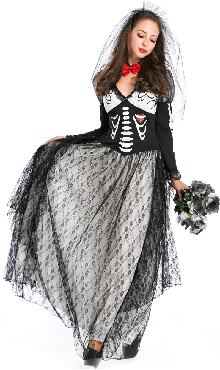 Day of the Dead Boneyard Bride Costume, Deluxe Skeleton Bride Costume, Bone Yard Ghost Bride Costume, #N9124