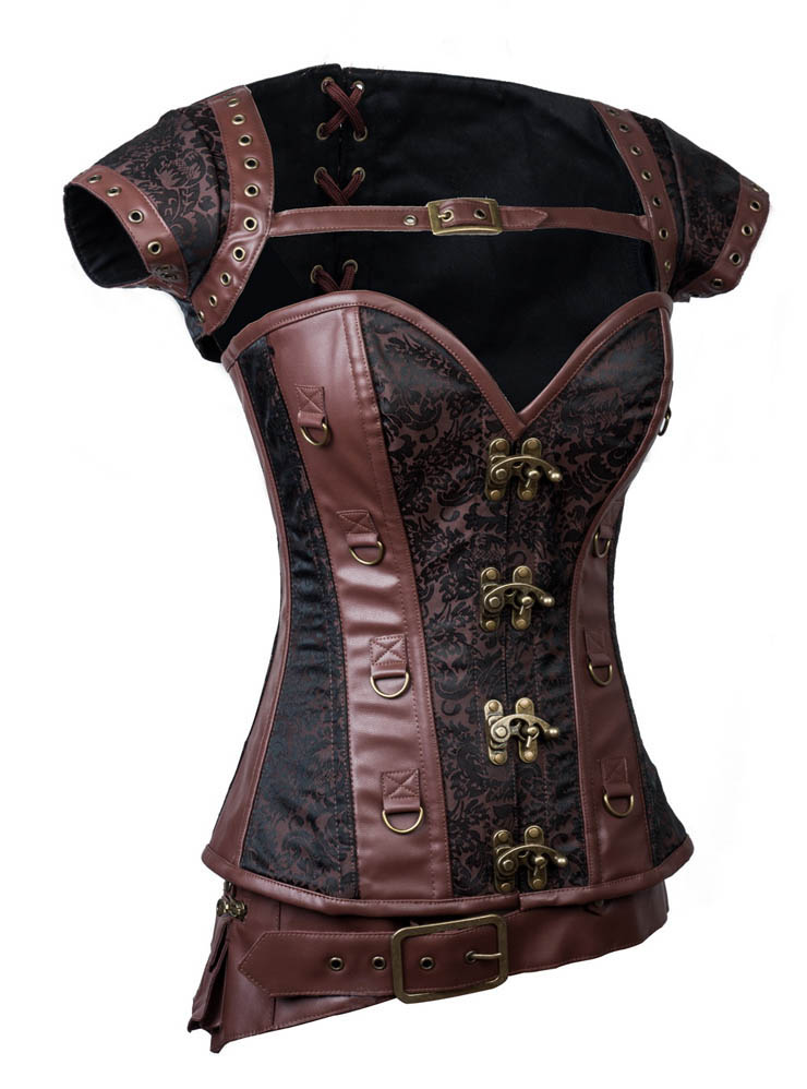 Steampunk Brown Jacquard Steel Boned Busk Closure Corset with Jacket ...