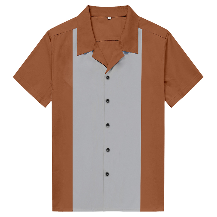 Brown Male Splicing Beer Shirt Casual Fifties Bowling Shirt N16719