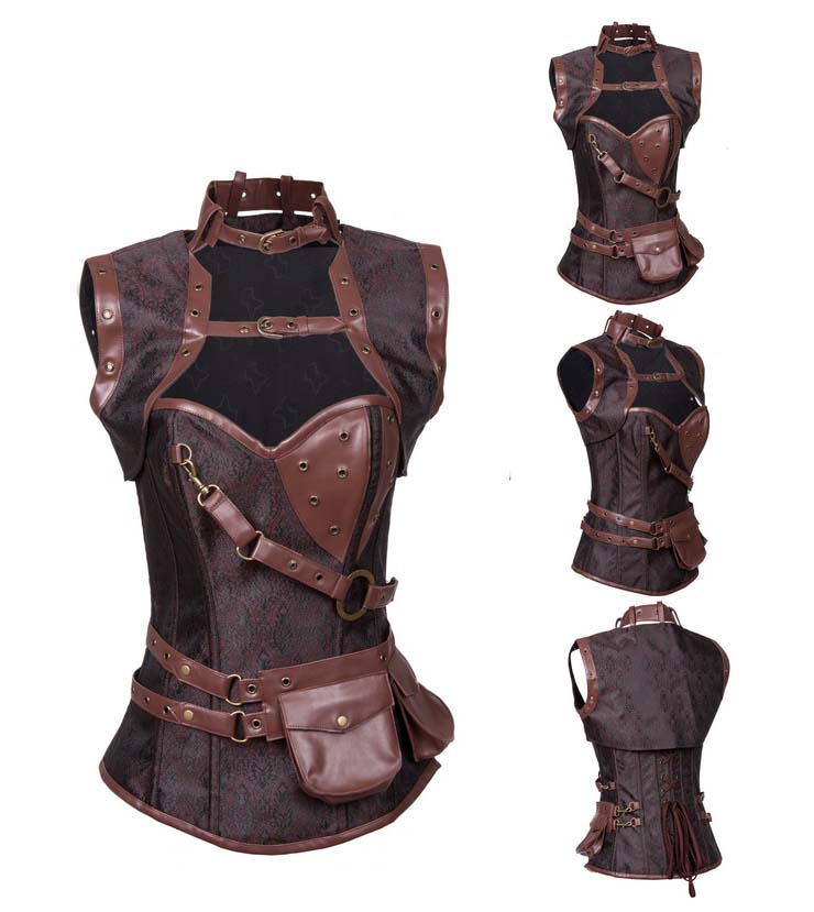 Sexy Halloween Corset, Steampunk Steel Boned Outerwear Corset, Cheap Jacquard Corset with Jacket, Vintage Brown Corset, #N10846