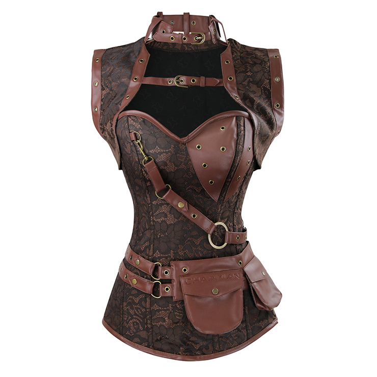 Steampunk Brown Steel Boned High Neck Jacquard Corset with Jacket N11993
