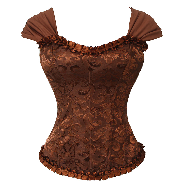 Brown Lace-Up Dance Bustier Corset with Ruffle Shoulder Straps and Scalloped Hem N237868