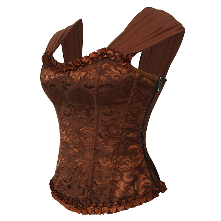Brown bustier, vintage corset, brocade corset, ruffle trim, Baroque style, dance costume, Renaissance wear, lace-up back, theatrical corset, historical costume, metallic brocade, vintage performance wear, puffed sleeve corset, bridal corset, adjustable corset #N237868