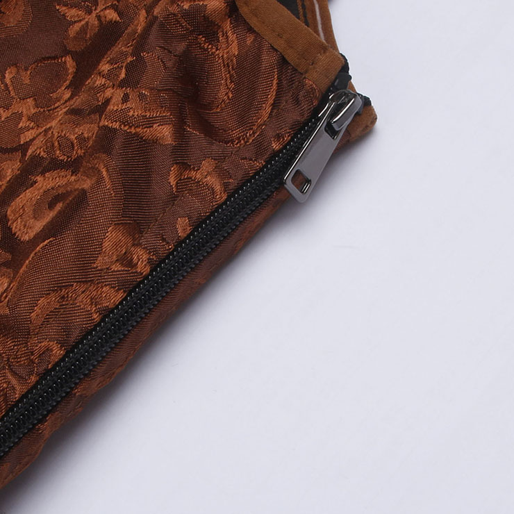 Brown bustier, vintage corset, brocade corset, ruffle trim, Baroque style, dance costume, Renaissance wear, lace-up back, theatrical corset, historical costume, metallic brocade, vintage performance wear, puffed sleeve corset, bridal corset, adjustable corset #N237868