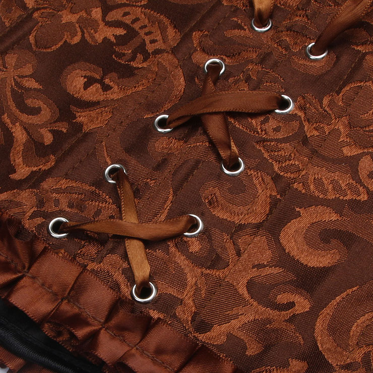 Brown bustier, vintage corset, brocade corset, ruffle trim, Baroque style, dance costume, Renaissance wear, lace-up back, theatrical corset, historical costume, metallic brocade, vintage performance wear, puffed sleeve corset, bridal corset, adjustable corset #N237868