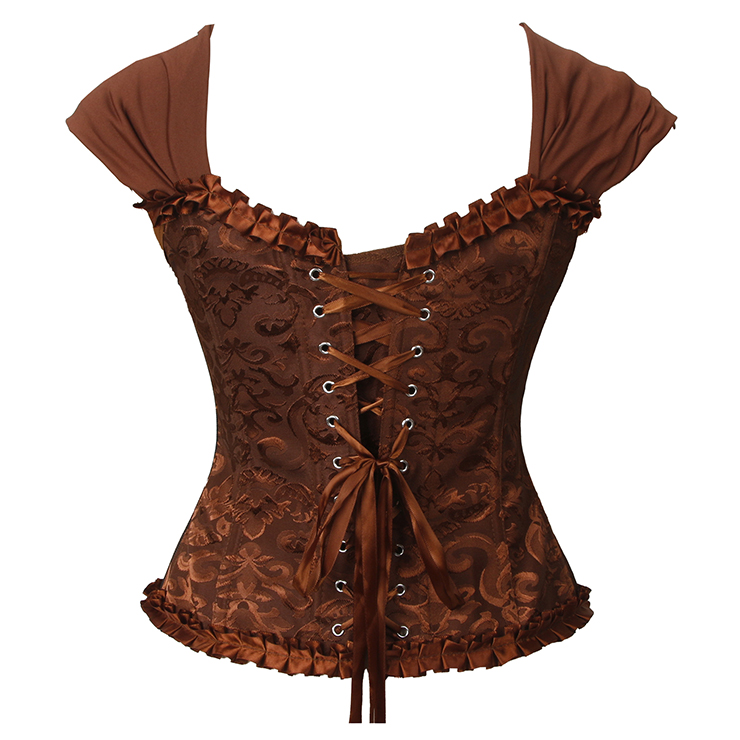 Brown bustier, vintage corset, brocade corset, ruffle trim, Baroque style, dance costume, Renaissance wear, lace-up back, theatrical corset, historical costume, metallic brocade, vintage performance wear, puffed sleeve corset, bridal corset, adjustable corset #N237868