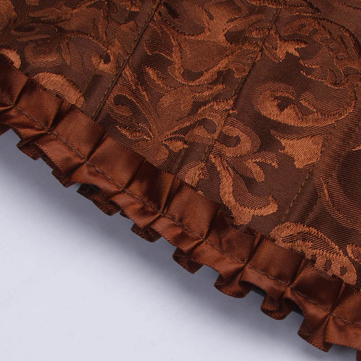 Brown bustier, vintage corset, brocade corset, ruffle trim, Baroque style, dance costume, Renaissance wear, lace-up back, theatrical corset, historical costume, metallic brocade, vintage performance wear, puffed sleeve corset, bridal corset, adjustable corset #N237868