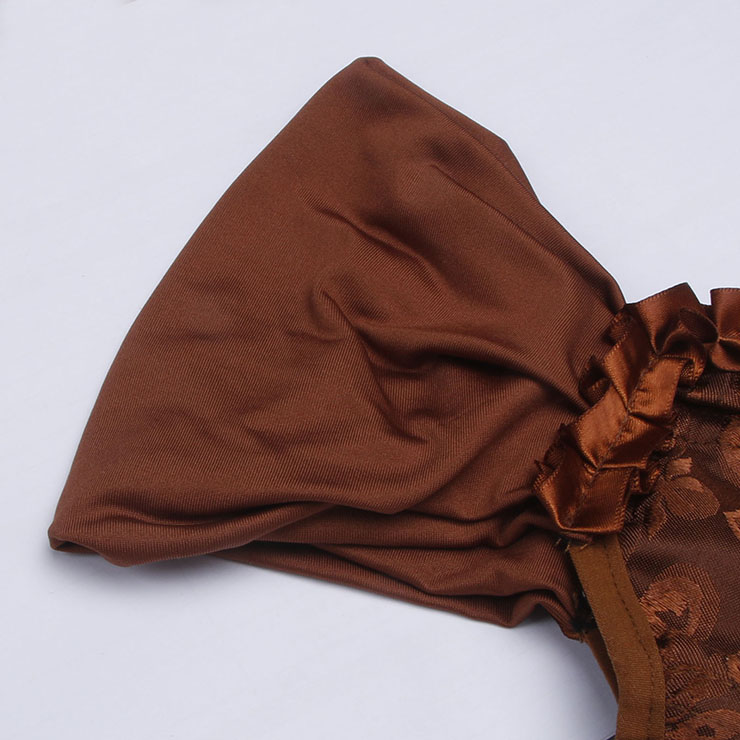 Brown bustier, vintage corset, brocade corset, ruffle trim, Baroque style, dance costume, Renaissance wear, lace-up back, theatrical corset, historical costume, metallic brocade, vintage performance wear, puffed sleeve corset, bridal corset, adjustable corset #N237868