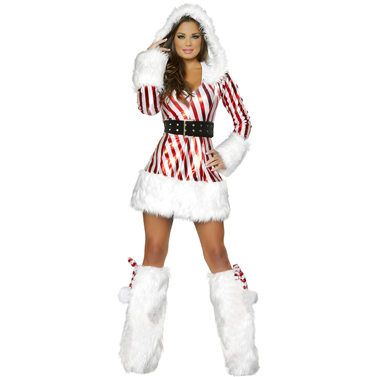 Candy Cane Hooded Fluff Long Sleeves Christmas Costume with Feet Set ...