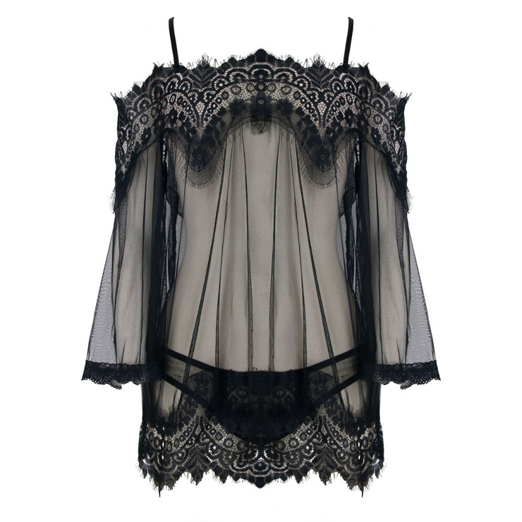 Charming Black Mesh Patchwork Sheer Smock Nightwear Lingerie Mesh Cover ...