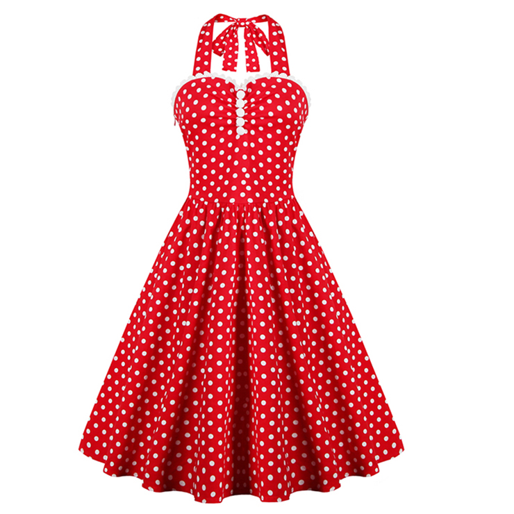 New Fashion Red Halter Polka Dot Casual Swing Dress N11513