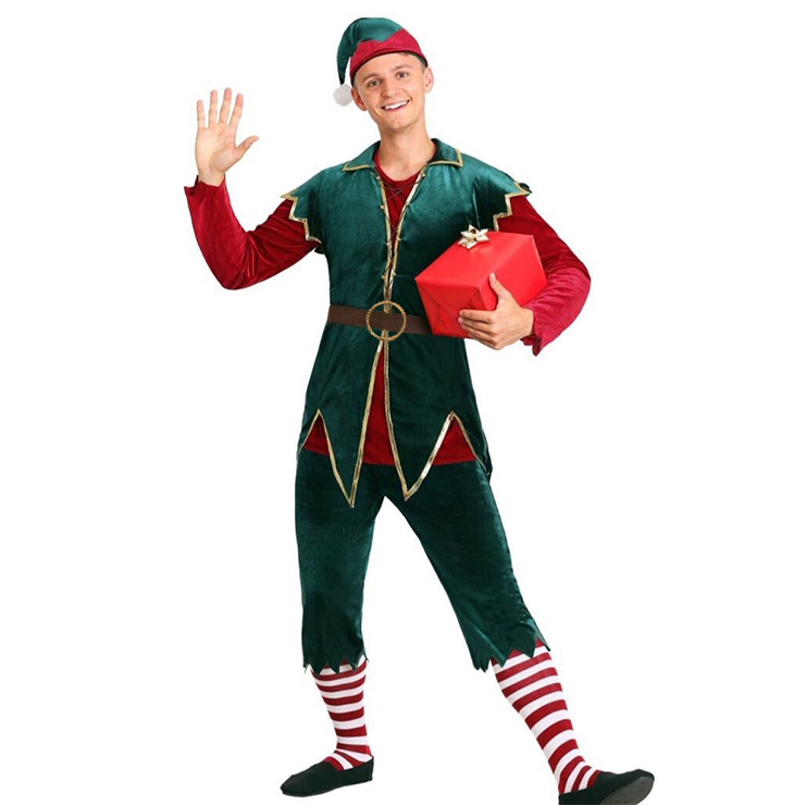 5pcs Men's Elf Velvet Christmas Party Holiday Costume with Hat XT19768