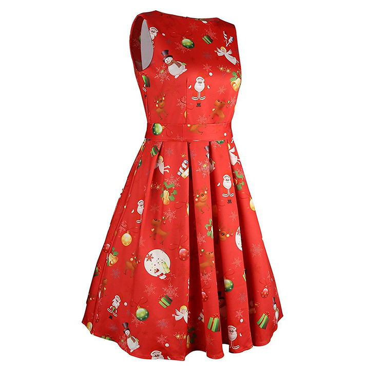 Cute Women 's Christmas Santa Claus Print Sleeveless Swing Dress N14152