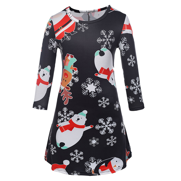 Women 's Christmas Big Snowman Reindeer Print Long Sleeve Dress N14149