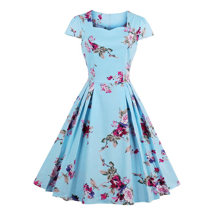 Classical Vintage Women Short Sleeves Floral Print Swing Dress N14025