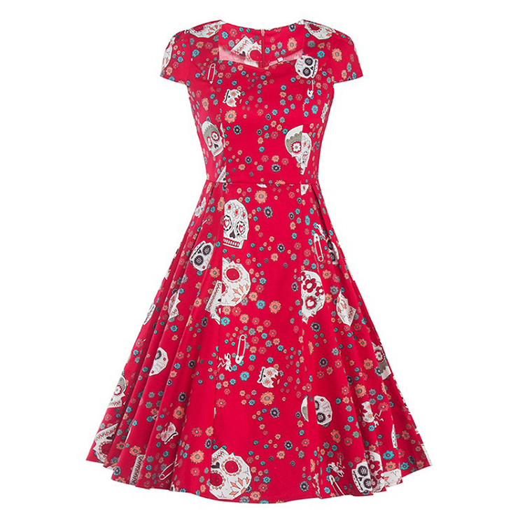 Sexy Vintage Women Cap Sleeves Floral Skull Print Swing Midi Dress Party  N14093