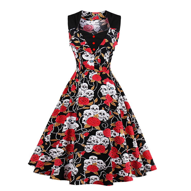Classical Vintage Women Split Joint Skull Rose Print Swing Dress N14021