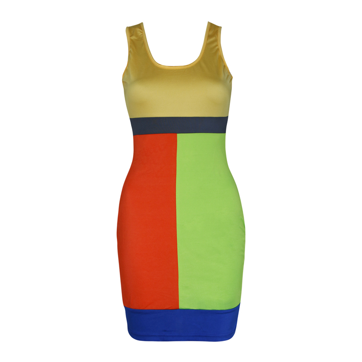 Color Block Bodycon Dress, Rainbow Bright Neon Bodycon Dress, Dazzling Bright Mix Color Dress, #N8338