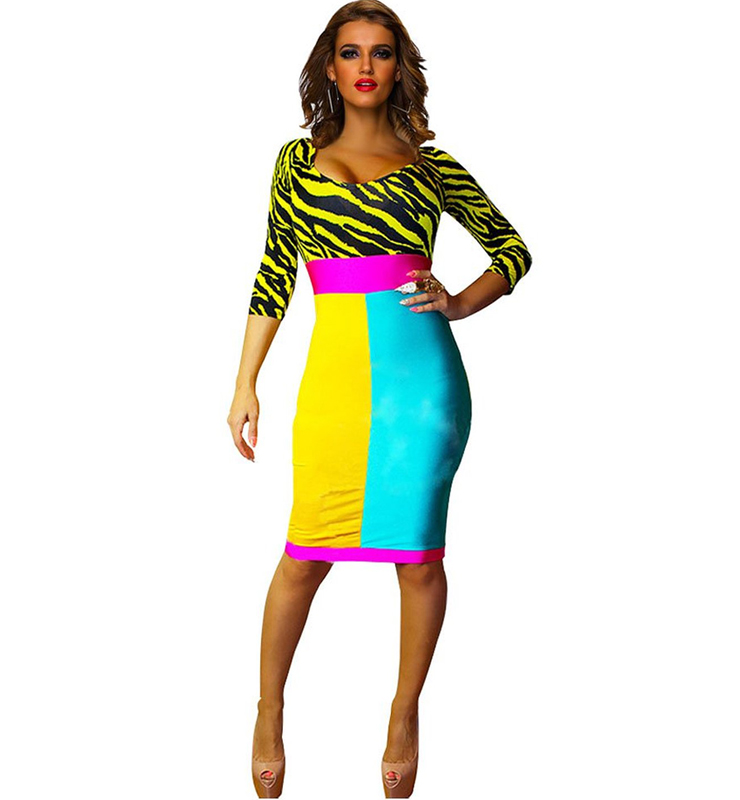Colorful Zebra Pattern Patchwork Bracelet Sleeve Bodycon Dress N8798
