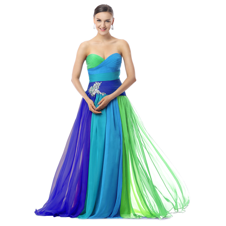 2018 Colorful A-line Sweetheart Ruffles Crystal Tencel Chiffon Floor-Length Prom Dresses F30017