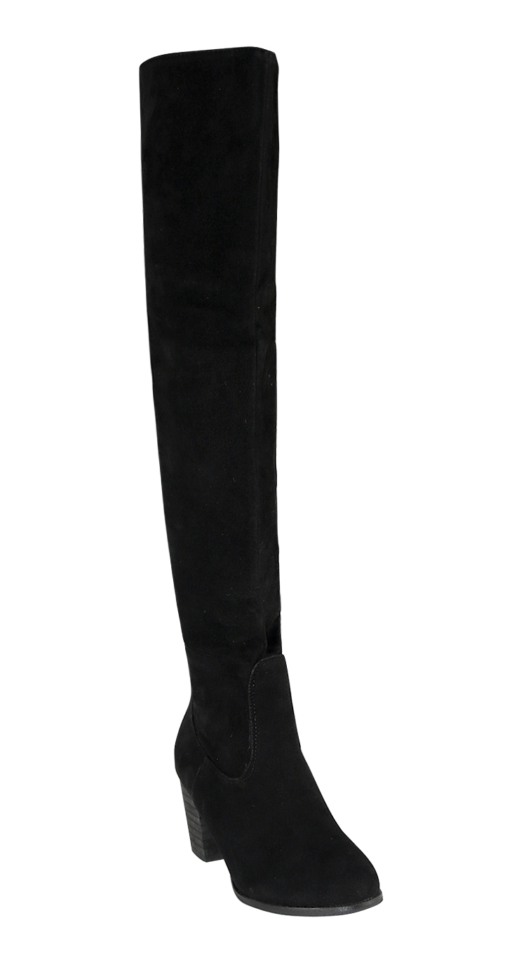 Courtlike Black Suede Thigh-high Chunky Heels Boots SWB20381