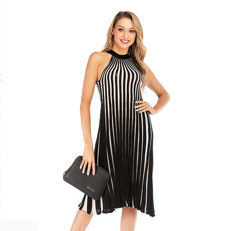 Fashion Striped Halter Neck Sleeveless Cutaway Shoulders Cocktail Midi
