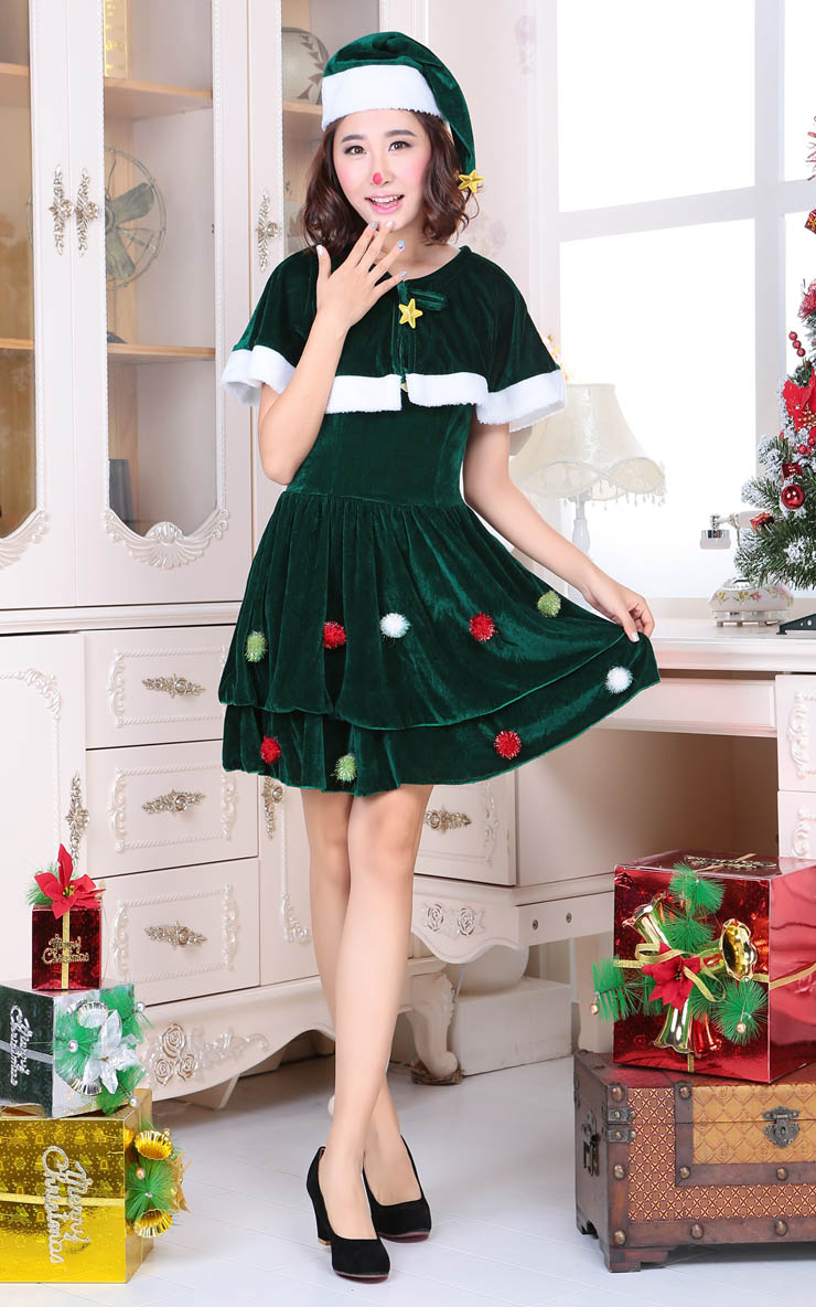Green Christmas Dress, Cute Cape Christmas Dress Costume, Comfortable Velvet Dress, #XT9729