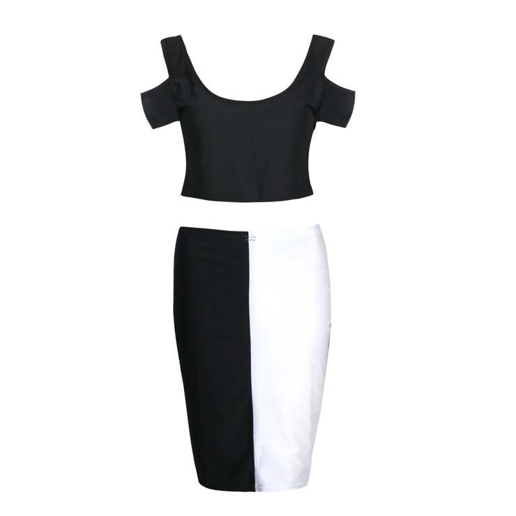 Cut Out Cropped Top Slim Fit Skirt Set, Color Block Bodycon Skirt Set, Cutout Short Sleeve Club Skirt Set, #N8958