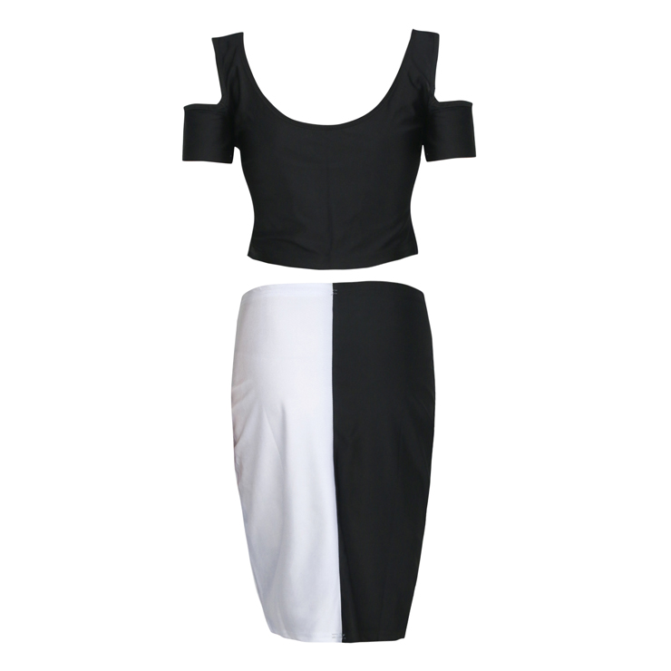 Cut Out Cropped Top Slim Fit Skirt Set, Color Block Bodycon Skirt Set, Cutout Short Sleeve Club Skirt Set, #N8958