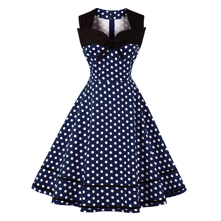 Women's Dark Blue Vintage Sleeveless Dot Print Plus Size Swing Dress N15962