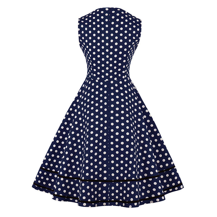 Sleeveless Square Collar Dress, Sweetheart Neckline Dress, Plus Size Dress, Vintage Dress for Women, Midi Dress, Dark Blue Dot Print Dress, Elegant Dresses for Women, Back Zipper Dress Dark Blue, #N15962