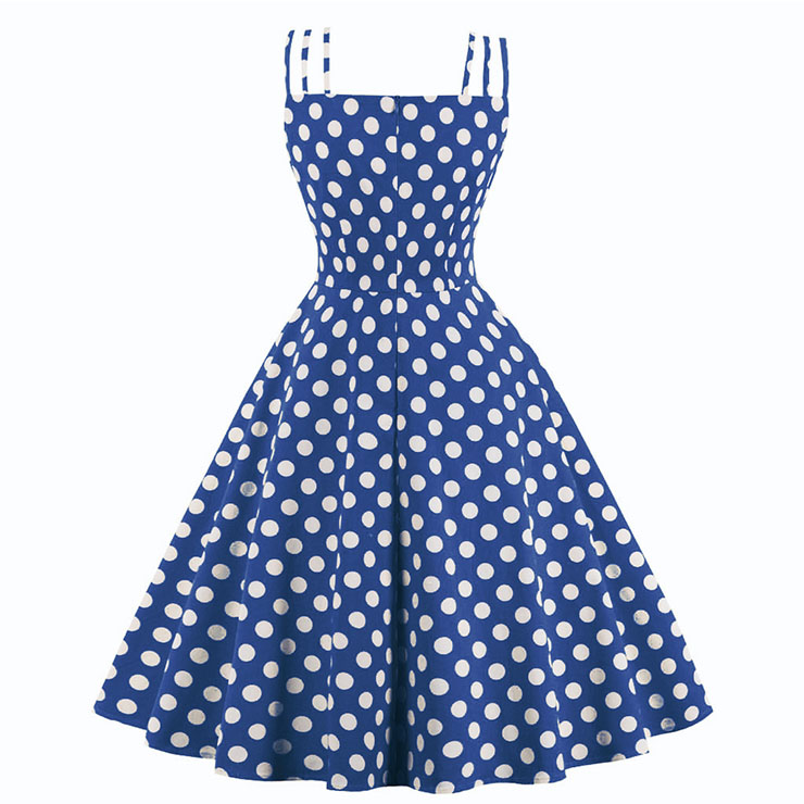 Vintage Dresses for Women, Sexy Dresses for Women Cocktail Party, Casual Vintage Polka Dot Printed Dress, Strappy Swing Daily Dress, Dark-blue Women