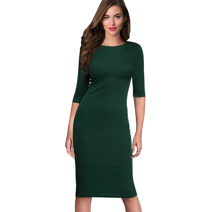 Casual Plain Dark Green Round Neck Half Sleeve Bodycon Midi Dress N16399