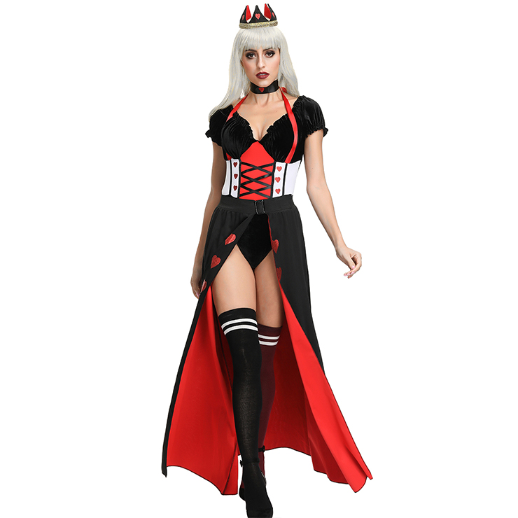 4pcs Deluxe Queen of Hearts Costume features: corset-like bodysuit with red...