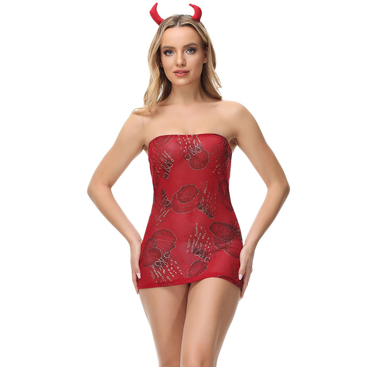 Sexy Red Devil Elastic Sheer Mesh Mini Dress with Horns Nightclub Party Masquerade Costume N21630