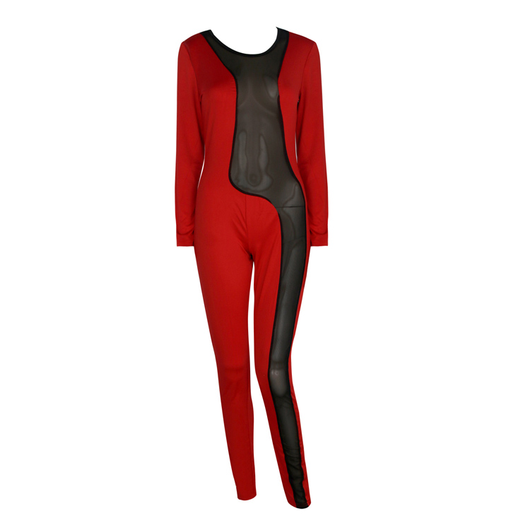 Distinctive Red Round Neck Long Sleeves Clairvoyant Catsuit N10123