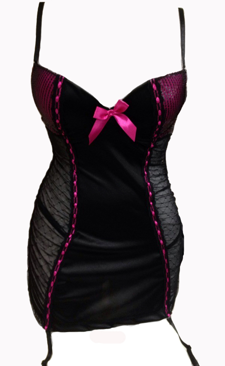 Dotted Mesh and Satin Chemise, Chemise with Garters, Jacquard Sheer and Mesh Chemise, #N8735