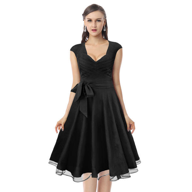 Elegant Vintage Black Flared Cocktail Party Swing Dress N11564