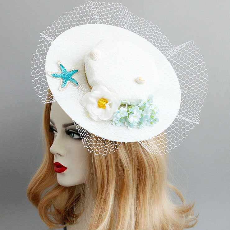 Charming White Flower Hair Clip, Flower Net Hair Clip Hat, Fashion Beach Hat for Women, Elegant Starfish Flower Hair Clip, Casual White Flower Hair Accessory, #J17269