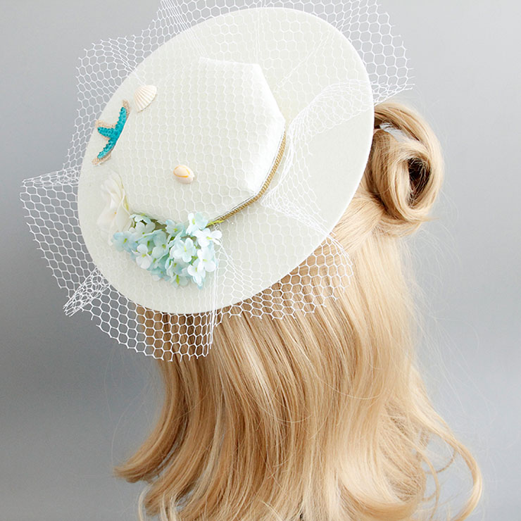 Charming White Flower Hair Clip, Flower Net Hair Clip Hat, Fashion Beach Hat for Women, Elegant Starfish Flower Hair Clip, Casual White Flower Hair Accessory, #J17269